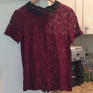 Wine lace sheer collared top with button up back